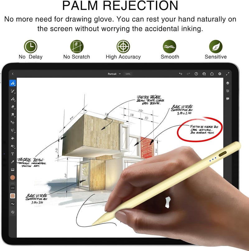 HATOKU Pen for iPad 2018-2025, 15 Mins Fast Charging Pencil 1st Gen with Tilt & Palm Rejection Compatible with iPad Air 3/4/5/M2/M3, iPad mini 5/6/7, iPad 6/7/8/9/10/11, iPad Pro 11/12.9/M4 M5(Yellow) - Image 4